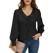 Blusa de mujer con escote en V, mangas abullonadas, elegante, con estilo, vintage, negra, talla M — camisa mujer vestir