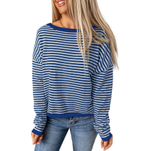Blusa de mujer de manga larga longsleeve a rayas algodón Blanco Azul L — ropa marinera, camiseta manga larga