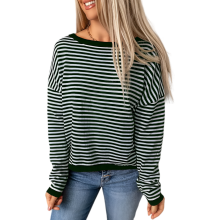 Blusa de Manga Larga para Mujer a Rayas Algodón Blanco Verde M — camiseta mujer casual, ropa algodón mujer, blusa rayas