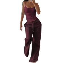 Women'S Ribbed Tank Top & Drawstring Wide Leg Pants Two-Piece Set Wine Red XS