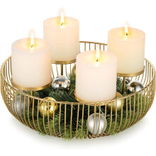 Moderna Corona Dorada de Adviento Soporte Metálico Bandeja 30x10 cm — centro mesa navidad, portavelas 4 velas