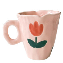 Handgemaakte Keramische Mokken Handgeschilderde Tulp en Wolk Onregelmatige Koffiekop voor Thee Melk Creatieve Geschenken Cup (Roze)