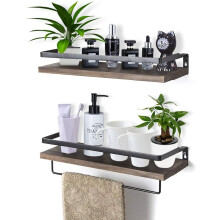 Rustic Wooden Wall Shelf with Towel Rail, Set of 2 Pieces, Dark Brown — wall shelves set, rustic shelves 2 pack, wooden wall shelf, towel rack