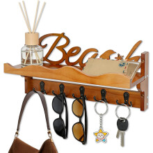 Wall Key Hanger with Shelf and 5 Hooks Wooden Stylish Brown — wall key holder, wood key shelf, brown key hook holder, coastal key hanger
