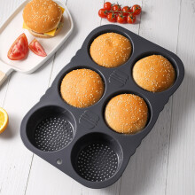 Silikónová forma na hamburgerové žemle - 6-priehlbinová nepriľnavá forma na 10 cm žemle, vhodná do rúry aj mikrovlnnej rúry, jednoduch