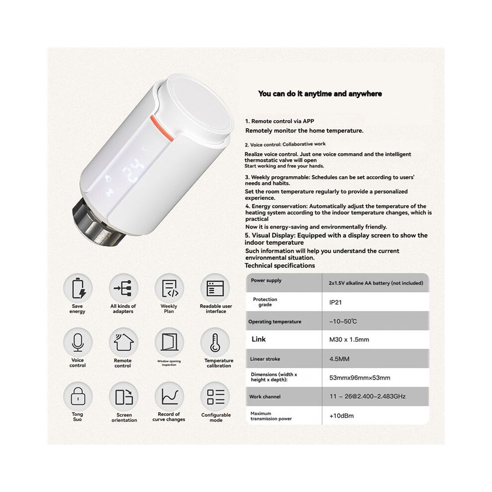 2Pcs Tuya Zigbee Thermostatic Radiator Valve Trv Programmable App Remote Temperature Controller 4713422683299