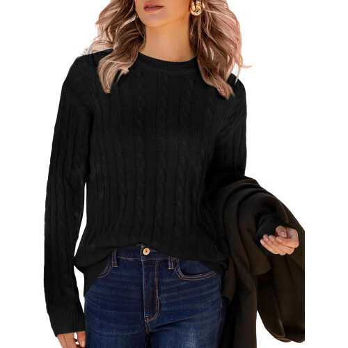 Damenstrickpullover Rundhalsausschnitt Warm Elegant Schwarz XL — damen pullover xl, schwarzer strickpullover, zopf pullover