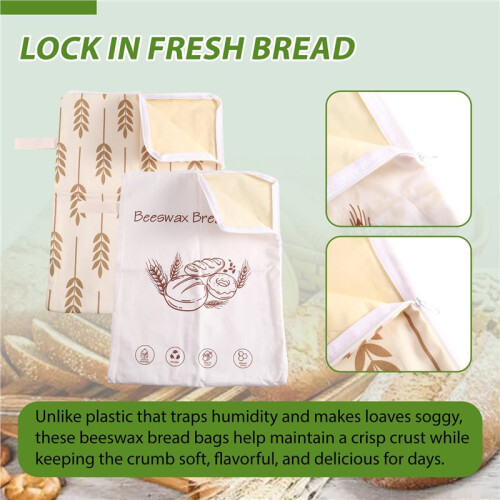 Confezione da 2 Sacchetti per Pane In Cera D'Api per Lievito Madre - Sacchetti per Pane Riutilizzabili XL In Cera D'Api con Cerniera per Pane 2