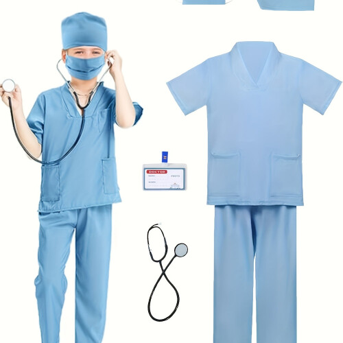 (Blue, 9-10Y) Set di costumi da gioco per cosplay da dottore per ragazzi e bambini, 6 pezzi, include top, pantaloni, cappello, maschera, badge