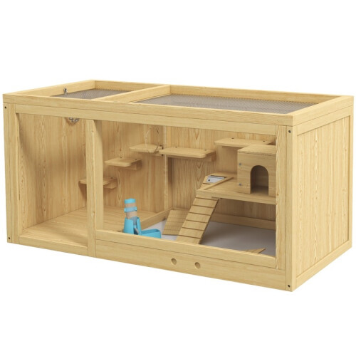 Gaiola de madeira para hamster com balanço, escada e teto retrátil, 100 cm