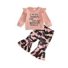 (3-4 Years, Pink) Toddler Girls 2 Piece Outfits Adorable Letter Print Long Sleeve Crew Neck Tops and Camouflage Flared Pants Set