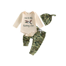 (0-3 Months, Army Green) Baby Boys 3Pcs Outfits Long Sleeve Romper with Camo Print Pants Hat Set Newborn Clothes