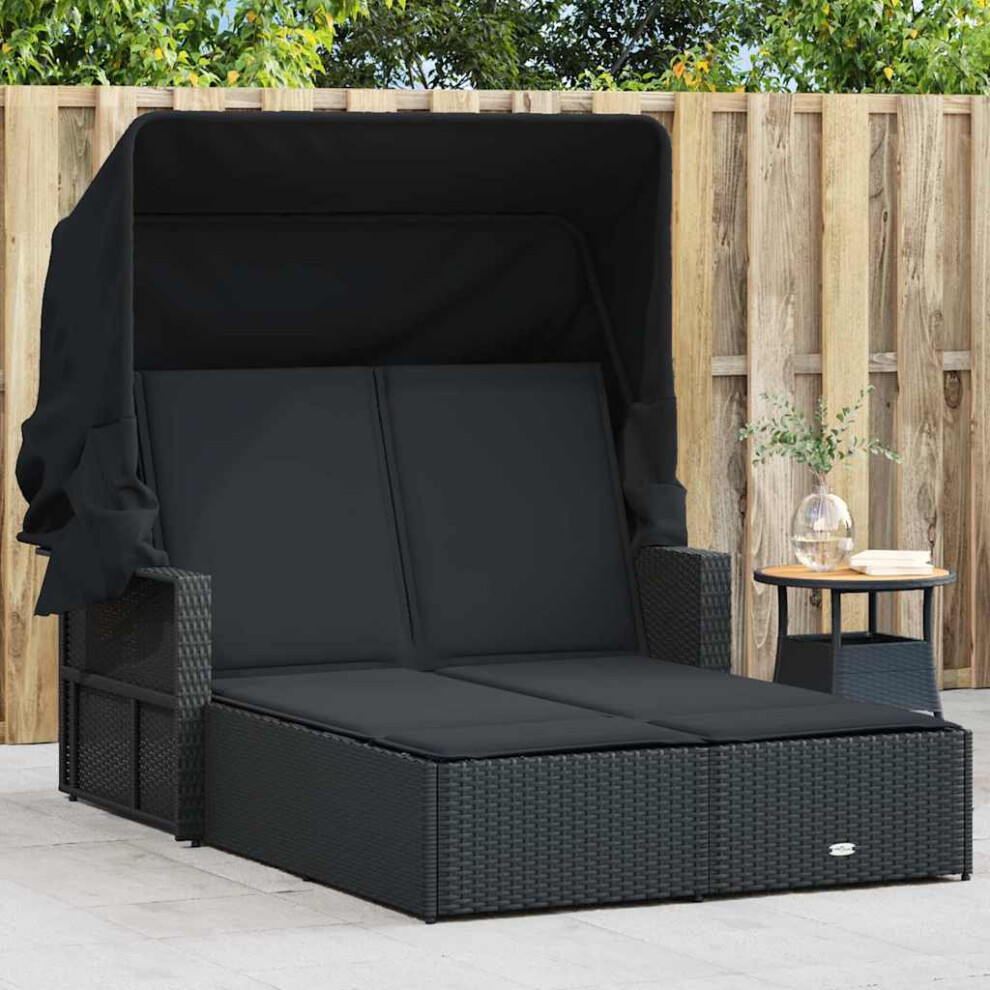 Vidaxl Double Sun Lounger With Canopy And Cushions Poly Rattan Black