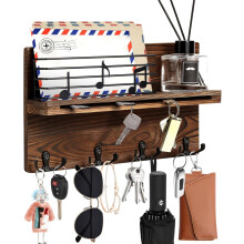 Wooden Key Hanger with Shelf Organizer Wall-Mounted Brown Stylish — wood wall hook, key hook with shelf, entryway organizer brown, double key hooks