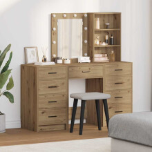 vidaXL Dressing Table with Mirror Lights 3 pcs Brown Engineered wood