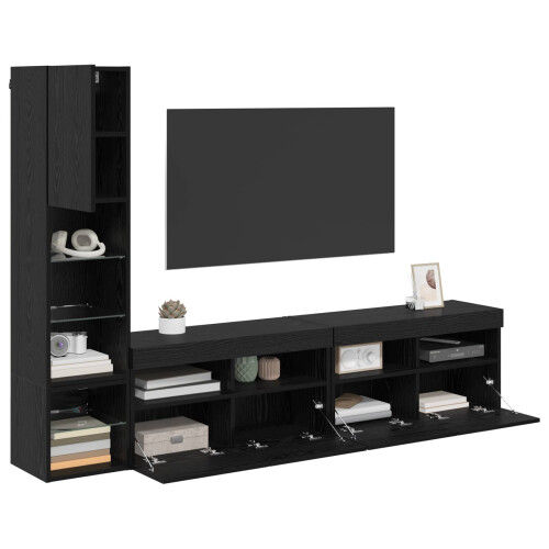 VidaXL vidaXL TV Wall Unit with LED 4 pcs Black Oak Engineered Wood 1