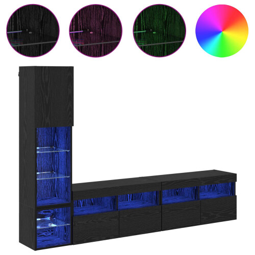 VidaXL vidaXL TV Wall Unit with LED 4 pcs Black Oak Engineered Wood 2