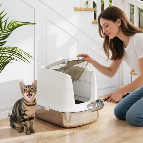 Geschlossene Katzentoilette mit Schaufel und Geruchsbeutel, Stahl 1