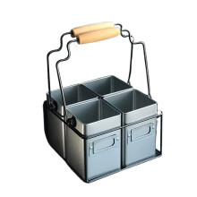 Wooden Handle Metal Milk Bottle Carrier for 4 Bottles, Wine Container & Water Bottle Holder - Desktop Storage Rack