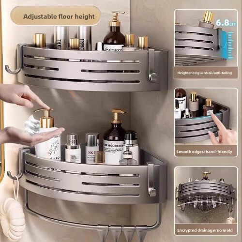 (White Hook)Space Aluminum Corner Shower Shelf With Multilayer Design For Bathroom Storage 2