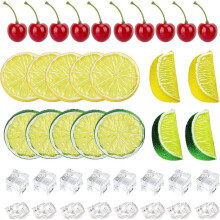 1set Simulated Home Kitchen Decoration and Photography Props, Including Lemon Slices, Cherries, and Ice Cubes, 64 Pieces