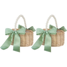 Cesta de Flores Tejida Cesta de Almacenamiento de Ratan Cesta de Mano para Niña de Flores Cesta de Flores Hecha A Mano con Lazos