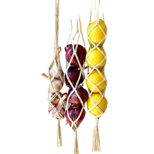Beige Handmade Mesh Hanging Bag 2-Pack for Onion & Potato Storage