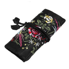 Handmade Black Brocade Embroidered Flower Jewelry Roll Bag 27x20cm Cosmetic Pouch Travel Organizer