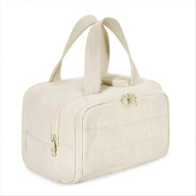 Borsa cosmetica da viaggio grande, color bianco crema, con ampia apertura e design portatile.