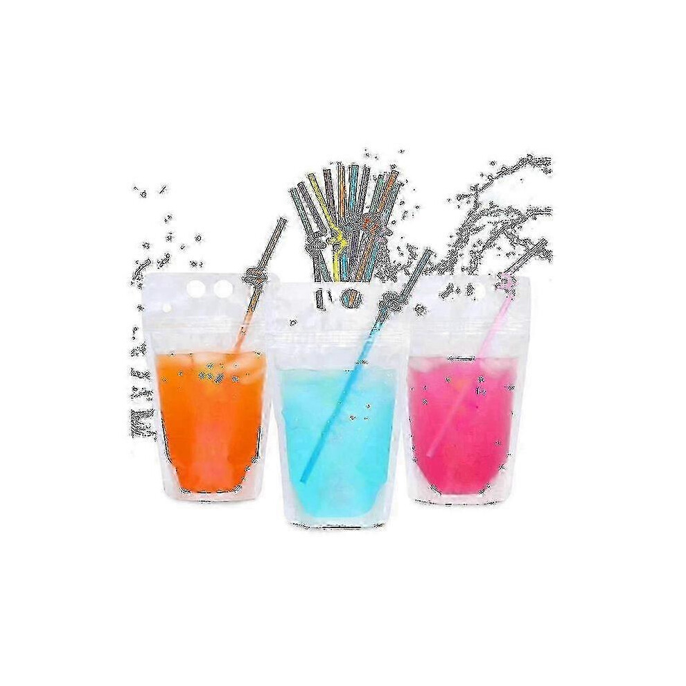 100Pcs 16Oz Reusable Drink Pouches With Straws - Resealable Smoothie Bags 4286703383121