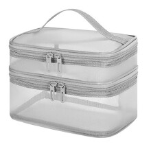Double-Layer Travel Makeup Bag, Large Mesh Design, Sturdy Handle, Gray