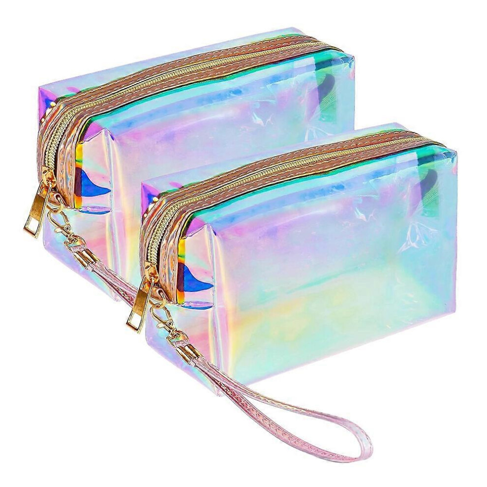 2pcs Clear Holographic Travel Makeup Bag, Zippered Cosmetic Pouches