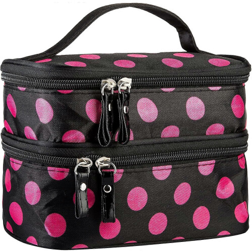 Cosmetic Bag Double Layer Dot Pattern Portable Waterproof Durable Makeup Case