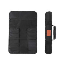 Borsa portautensili arrotolabile nera, con cordino elastico, maniglia, tasca con cerniera e resistente all'acqua.