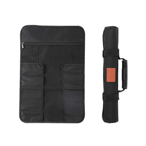 Black Roll-Up Tool Bag, Elastic Cord, Handle, Zippered Pocket, Water Resistant