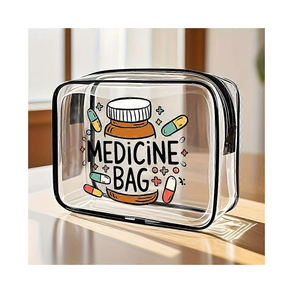 Transparent PVC Toiletry Bag, Clear Cosmetic Pouch with Medicine Print, Travel Organizer with Handle for Men