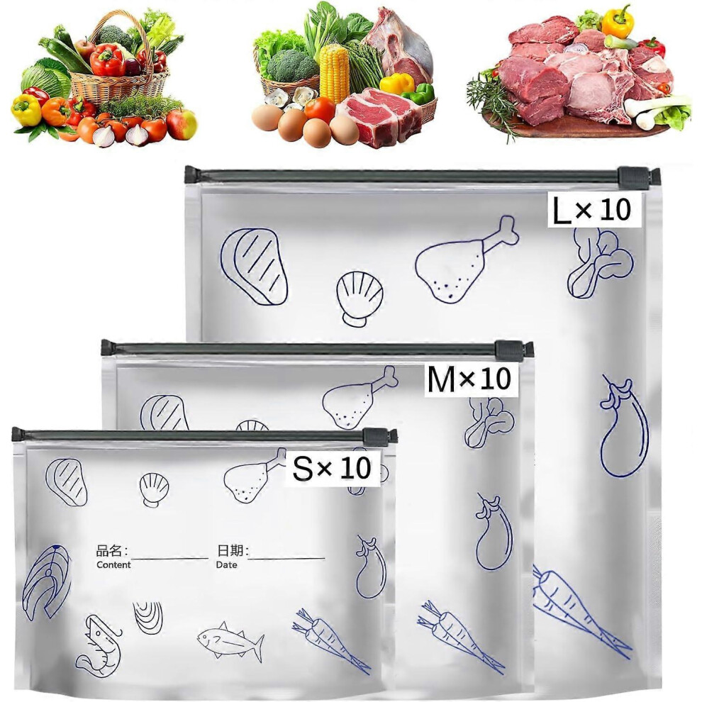 30Pcs Reusable Aluminum Foil Bags, Resealable Vacuum Zipper Pouches, Thickened Stand-Up With Label 3635755214043
