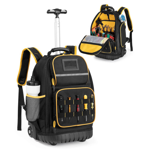 Heavy Duty Rolling Tool Backpack, Removable Insert, Multi-Pocket, Black