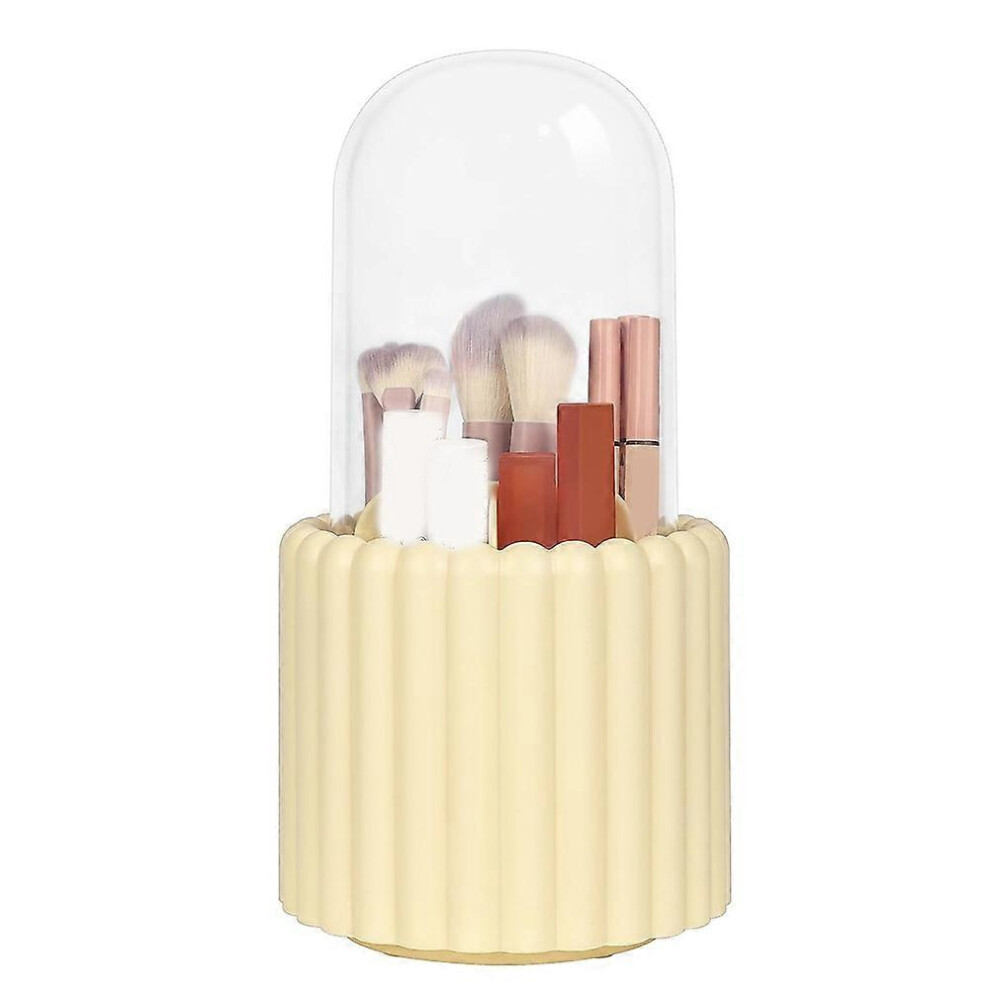 Yellow 360 Rotating Makeup Brush Organizer with Lid, Round Storage Box