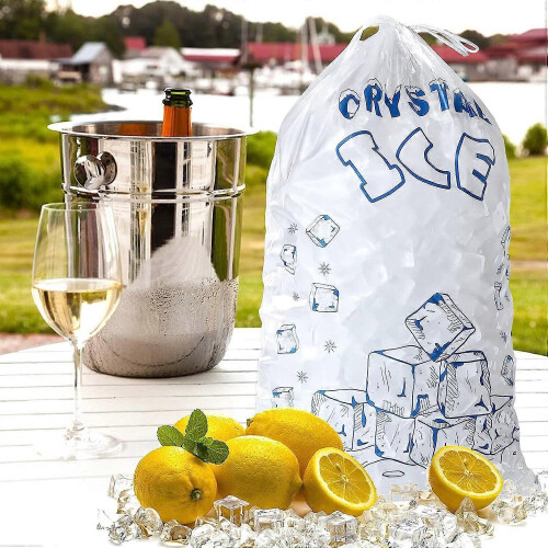 Transparent Ice Bags 8 Lb, 100 Count Heavy-Duty Reusable Drawstring