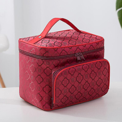 Red Black Canvas Toiletry Bag Leather Handle Travel Shaving Storage