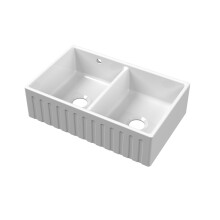 795mm - Fireclay Kitchen Double Bowl Fluted Front Butler Sink - Stepped Weir