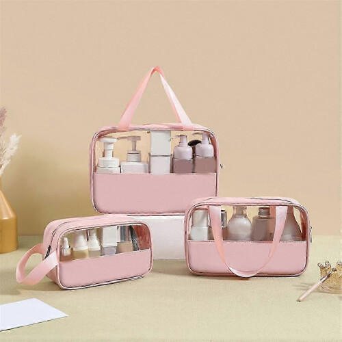 Set di beauty case da viaggio rosa trasparente, organizer trasparente in 3 pezzi 1