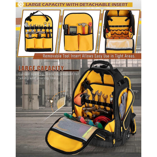 Heavy Duty Rolling Tool Backpack, Removable Insert, Multi-Pocket, Black 1