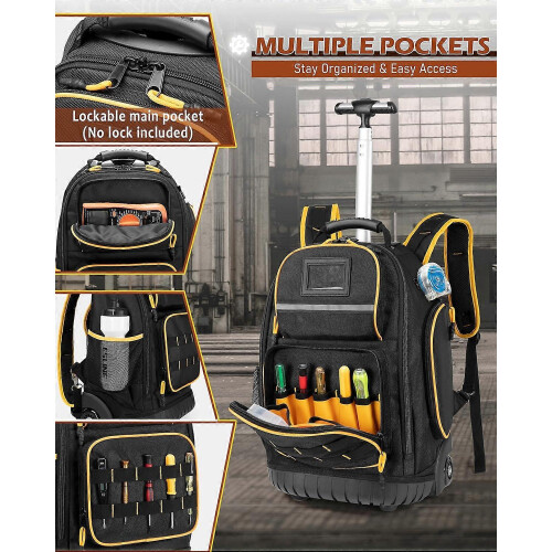 Heavy Duty Rolling Tool Backpack, Removable Insert, Multi-Pocket, Black 2