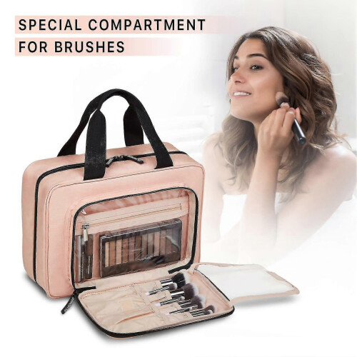 PU Leather Cosmetic Organizer Large Travel Makeup Pouch Beige 1