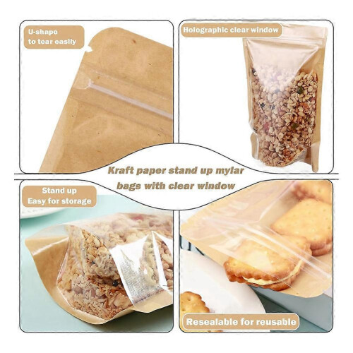 150 Pcs Brown Kraft Stand Up Pouches, 3 Sizes, Clear Window 1
