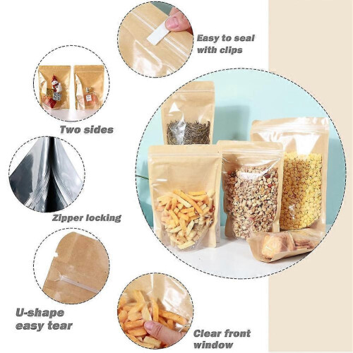 150 Pcs Brown Kraft Stand Up Pouches, 3 Sizes, Clear Window 2