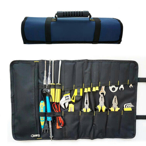 Heavy Duty Roll Up Tool Bag, Oxford Cloth Organizer, Black Blue 2