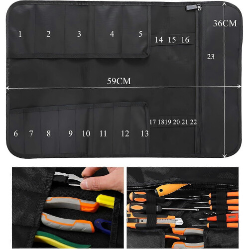 Black Roll-Up Tool Bag, Elastic Cord, Handle, Zippered Pocket, Water Resistant 2